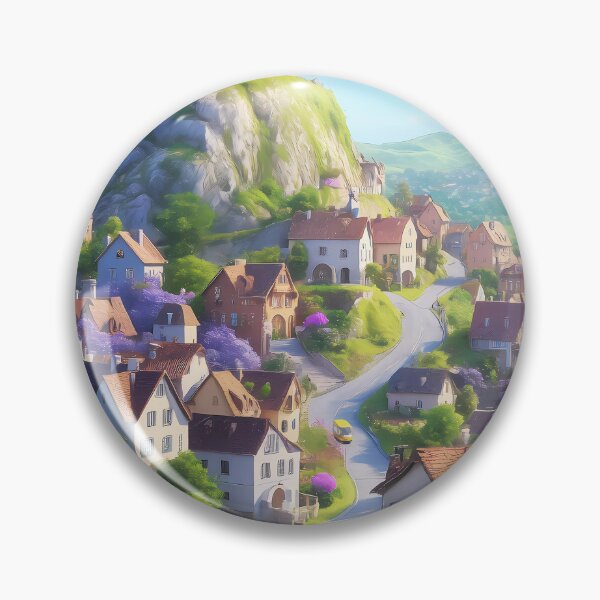 Item preview, A small town on a hill,  under a clear blue sky with scattered white clouds.  designed and sold by PattaZone.
