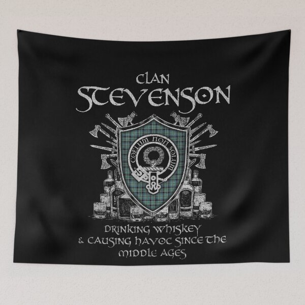 Item preview, Clan Stevenson drinking whiskey and causing havoc heritage crest tartan plaid designed and sold by Clan1093.