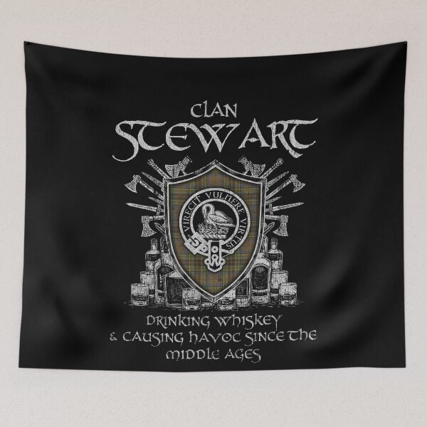 Item preview, Clan Stewart Camel drinking whiskey and causing havoc heritage crest tartan plaid designed and sold by Clan1093.