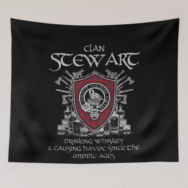 Item preview, Clan Stewart of Ardshiel drinking whiskey and causing havoc heritage crest tartan plaid designed and sold by Clan1093.