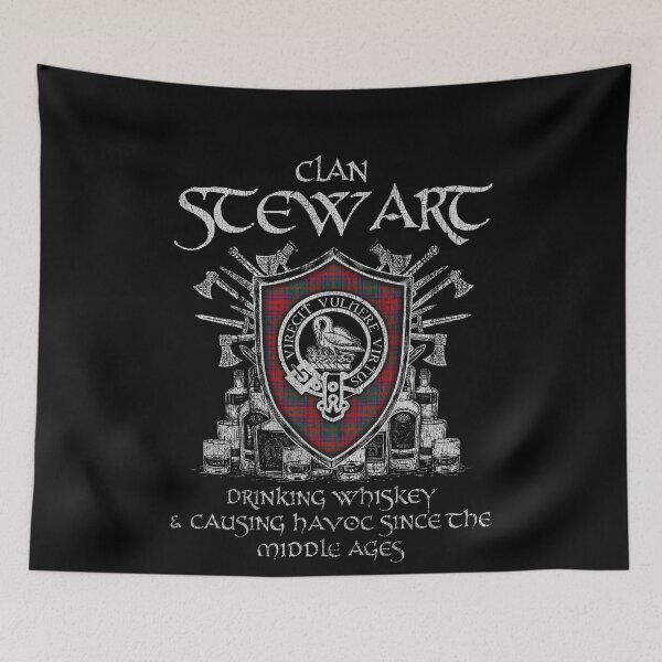 Item preview, Clan Stewart of Killiecrankie drinking whiskey and causing havoc heritage crest tartan plaid designed and sold by Clan1093.