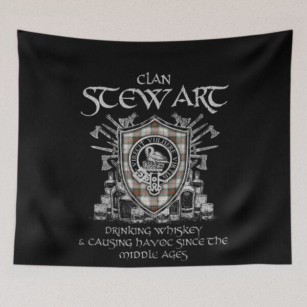 Item preview, Clan Stewart Victoria drinking whiskey and causing havoc heritage crest tartan plaid designed and sold by Clan1093.