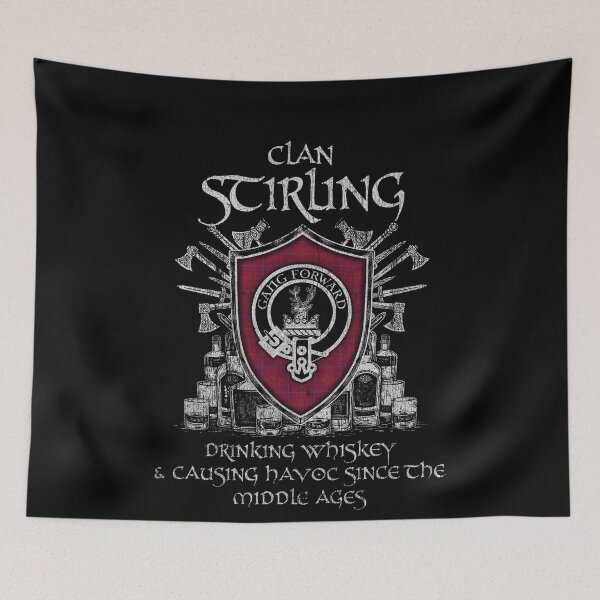 Item preview, Clan Stirling of Keir drinking whiskey and causing havoc heritage crest tartan plaid designed and sold by Clan1093.