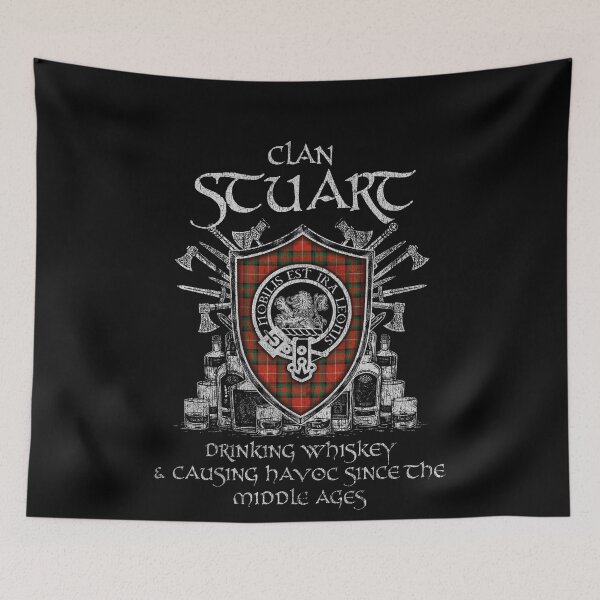 Item preview, Clan Stuart of Bute drinking whiskey and causing havoc heritage crest tartan plaid designed and sold by Clan1093.