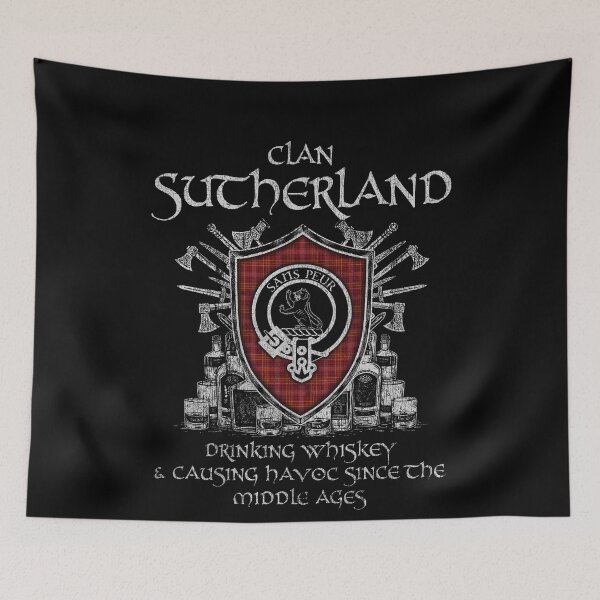 Item preview, Clan Sutherland of Duffus 2 drinking whiskey and causing havoc heritage crest tartan plaid designed and sold by Clan1093.