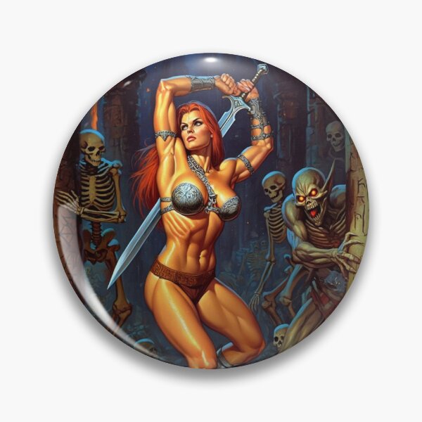 Item preview,  Fantasy RPG artwork Red Haired Warrior woman Raising her enchanted sword to thwart goblins designed and sold by Vintage Designs +.