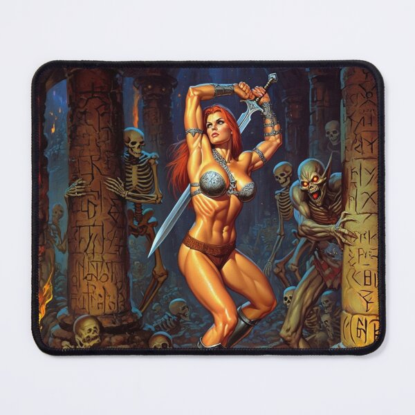 Item preview,  Fantasy RPG artwork Red Haired Warrior woman Raising her enchanted sword to thwart goblins designed and sold by Vintage Designs +.