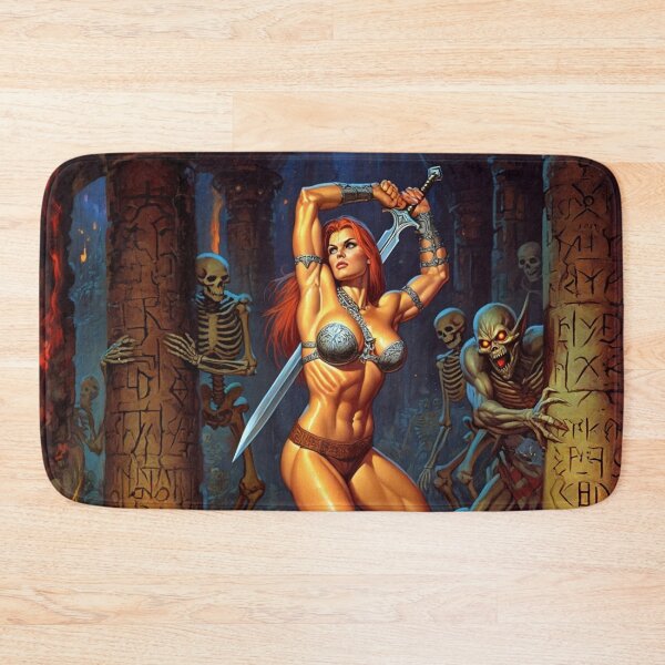 Item preview,  Fantasy RPG artwork Red Haired Warrior woman Raising her enchanted sword to thwart goblins designed and sold by Vintage Designs +.