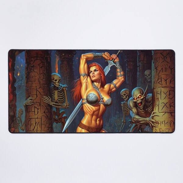 Item preview, Fantasy RPG artwork Red Haired Warrior woman Raising her enchanted sword to thwart goblins designed and sold by Vintage Designs +.