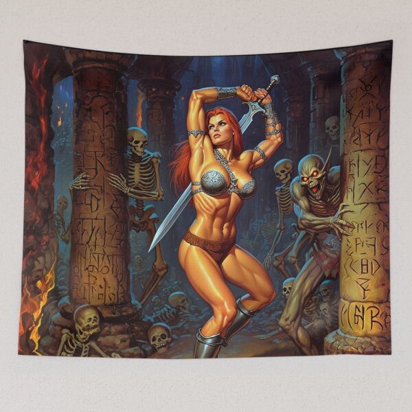 Item preview,  Fantasy RPG artwork Red Haired Warrior woman Raising her enchanted sword to thwart goblins designed and sold by Vintage Designs +.