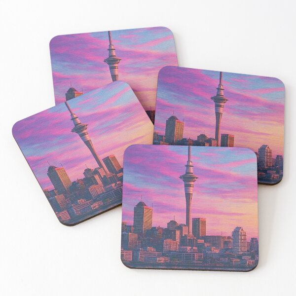 Item preview, Auckland Skyline – Vaporwave Sky Tower at Dusk designed and sold by Aryabek.