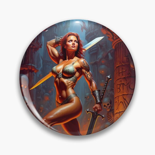 Item preview, Fantasy RPG artwork Red Haired Warrior woman Raising her enchanted twinblade sword to thwart goblins designed and sold by Vintage Designs +.