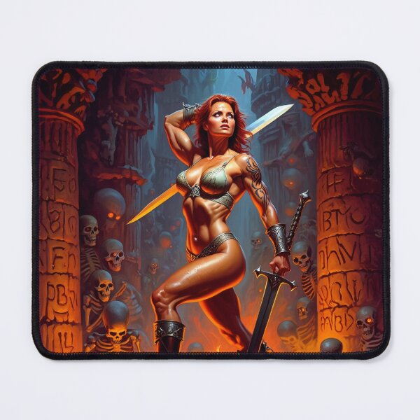 Item preview, Fantasy RPG artwork Red Haired Warrior woman Raising her enchanted twinblade sword to thwart goblins designed and sold by Vintage Designs +.