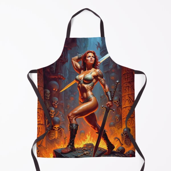 Item preview, Fantasy RPG artwork Red Haired Warrior woman Raising her enchanted twinblade sword to thwart goblins designed and sold by Vintage Designs +.