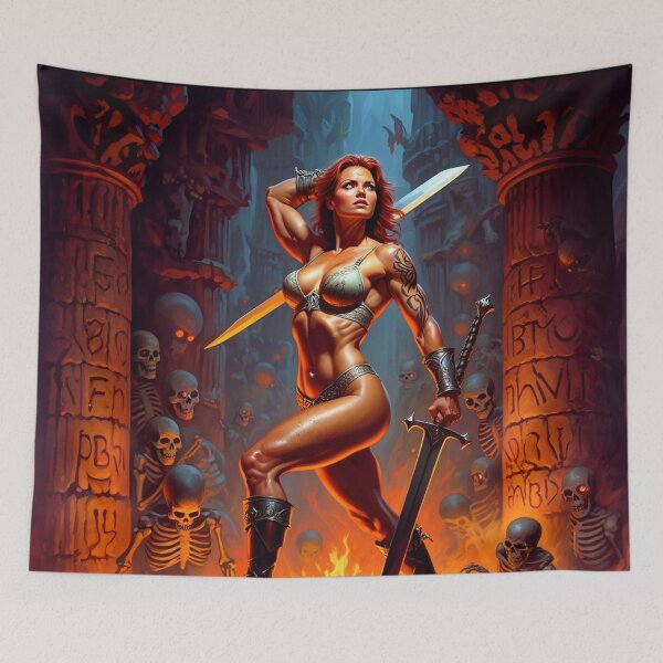 Item preview, Fantasy RPG artwork Red Haired Warrior woman Raising her enchanted twinblade sword to thwart goblins designed and sold by Vintage Designs +.