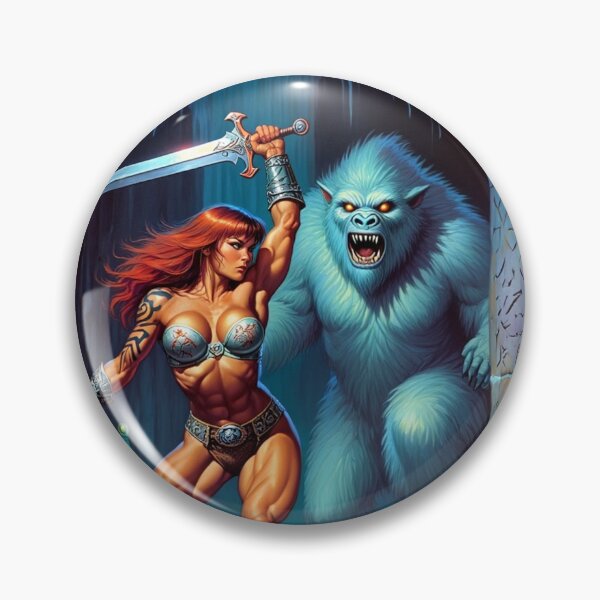 Item preview, Fantasy RPG artwork Red Haired Warrior woman Raising her enchanted sword to thwart the beast designed and sold by Vintage Designs +.