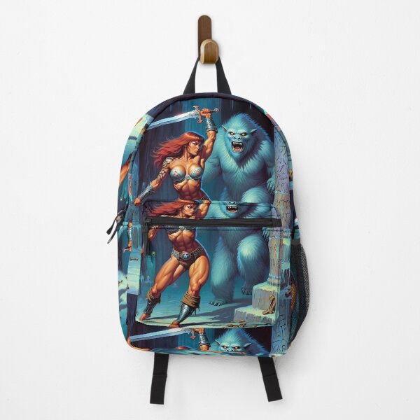 Item preview, Fantasy RPG artwork Red Haired Warrior woman Raising her enchanted sword to thwart the beast designed and sold by Vintage Designs +.