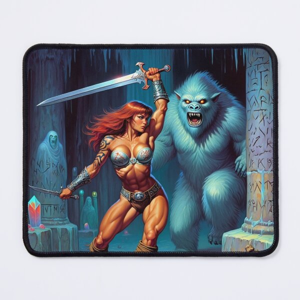 Item preview, Fantasy RPG artwork Red Haired Warrior woman Raising her enchanted sword to thwart the beast designed and sold by Vintage Designs +.