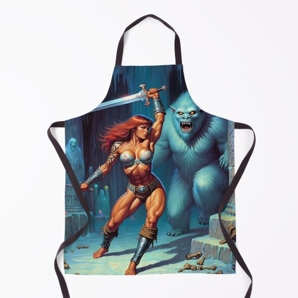 Item preview, Fantasy RPG artwork Red Haired Warrior woman Raising her enchanted sword to thwart the beast designed and sold by Vintage Designs +.