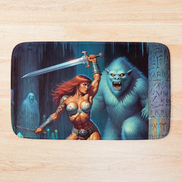 Item preview, Fantasy RPG artwork Red Haired Warrior woman Raising her enchanted sword to thwart the beast designed and sold by Vintage Designs +.