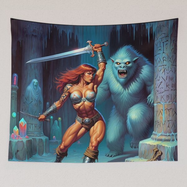 Item preview, Fantasy RPG artwork Red Haired Warrior woman Raising her enchanted sword to thwart the beast designed and sold by Vintage Designs +.