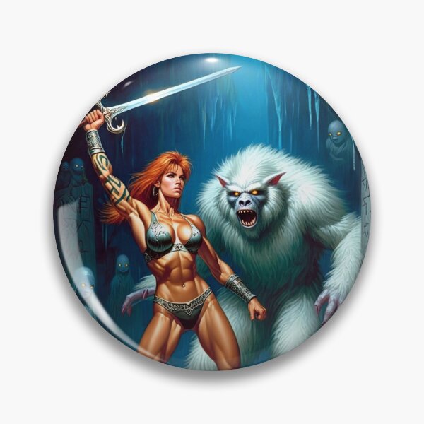 Item preview, Fantasy RPG artwork Red Haired Warrior woman Raising her enchanted sword to thwart the beast designed and sold by Vintage Designs +.