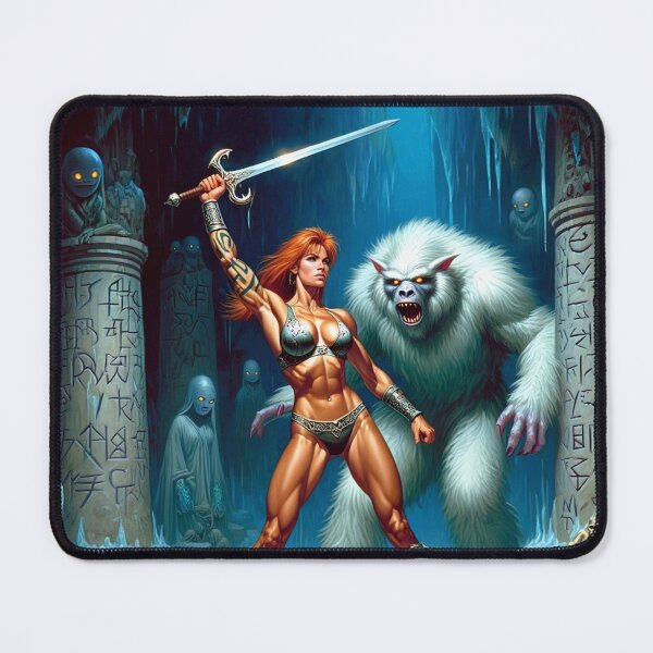 Item preview, Fantasy RPG artwork Red Haired Warrior woman Raising her enchanted sword to thwart the beast designed and sold by Vintage Designs +.