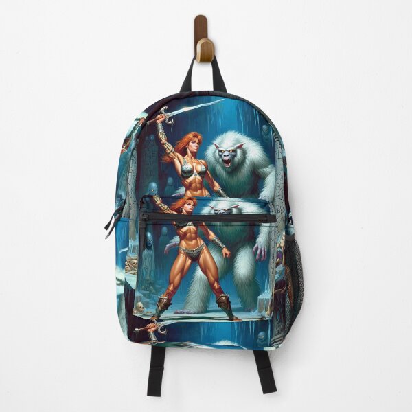 Item preview, Fantasy RPG artwork Red Haired Warrior woman Raising her enchanted sword to thwart the beast designed and sold by Vintage Designs +.