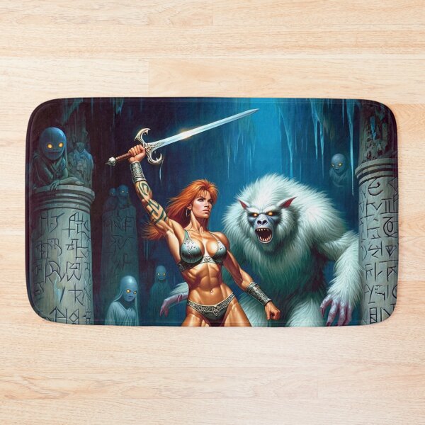 Item preview, Fantasy RPG artwork Red Haired Warrior woman Raising her enchanted sword to thwart the beast designed and sold by Vintage Designs +.