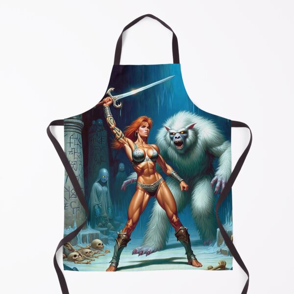 Item preview, Fantasy RPG artwork Red Haired Warrior woman Raising her enchanted sword to thwart the beast designed and sold by Vintage Designs +.