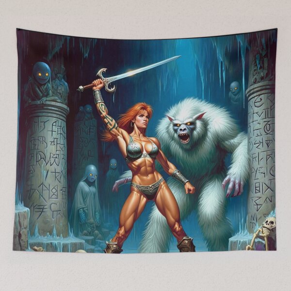Item preview, Fantasy RPG artwork Red Haired Warrior woman Raising her enchanted sword to thwart the beast designed and sold by Vintage Designs +.