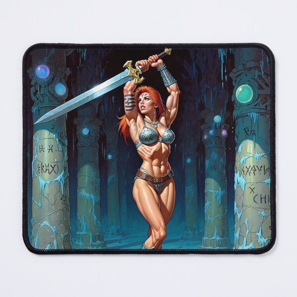 Item preview, Fantasy RPG artwork Red Haired Warrior woman Raising her enchanted sword designed and sold by Vintage Designs +.
