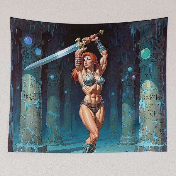 Item preview, Fantasy RPG artwork Red Haired Warrior woman Raising her enchanted sword designed and sold by Vintage Designs +.