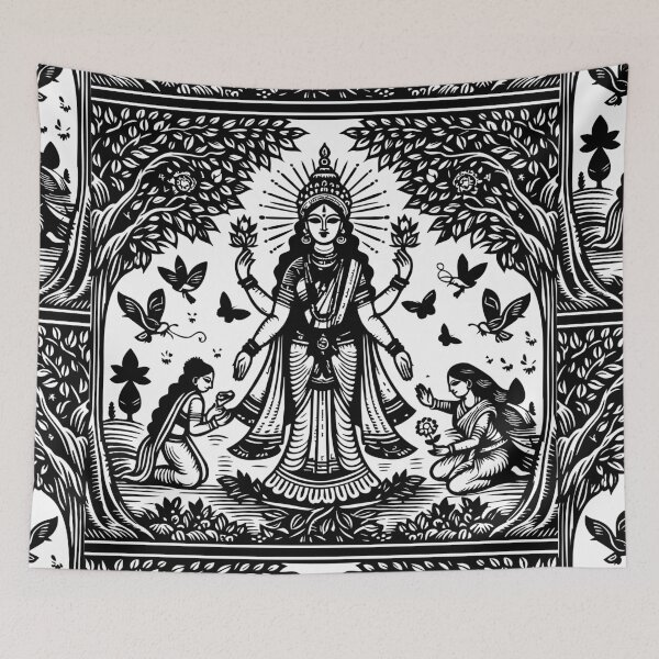 Item preview, Hindu goddess Lakshmi in a Neem tree garden with attendants, birds and butterflies. Woodcut style designed and sold by ZOXOFO.