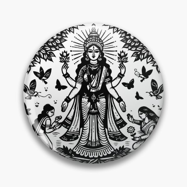 Item preview, Hindu goddess Lakshmi in a Neem tree garden with attendants, birds and butterflies. Woodcut style designed and sold by ZOXOFO.