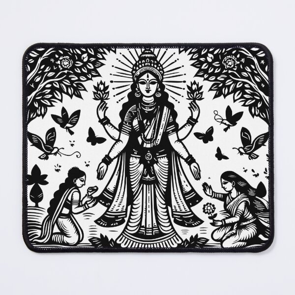 Item preview, Hindu goddess Lakshmi in a Neem tree garden with attendants, birds and butterflies. Woodcut style designed and sold by ZOXOFO.