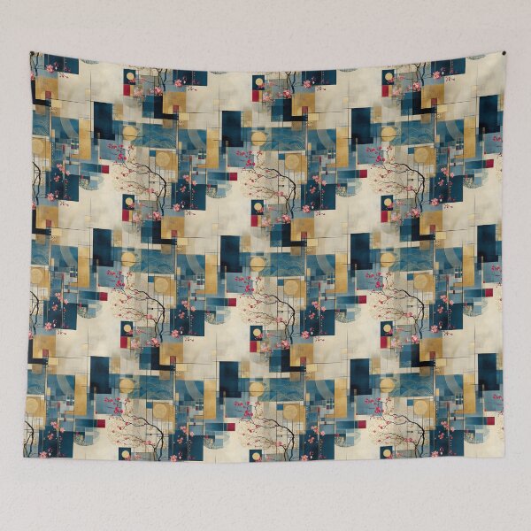 Item preview, Golden Harmony and Sakura Grid: Japanese Abstract Art Pattern designed and sold by Moisky Patterns.