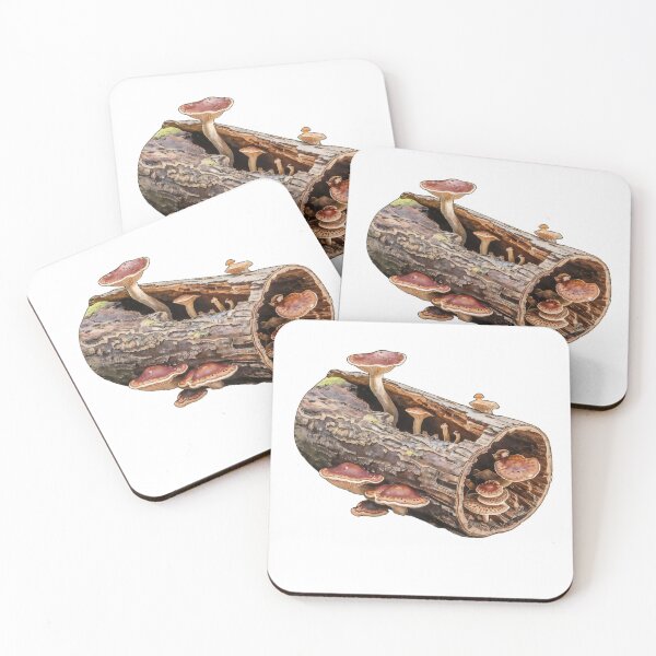 Item preview, Decaying Log with Reddish Brown Mushrooms Against Black Background designed and sold by Creative88Art.