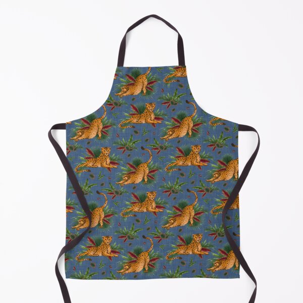 Item preview, Feline Nature Dance seamless pattern,Safari Serenity seamless pattern,repeating pattern of cheetahs and various types of green foliage on a blue and brown background designed and sold by NelenaArt.