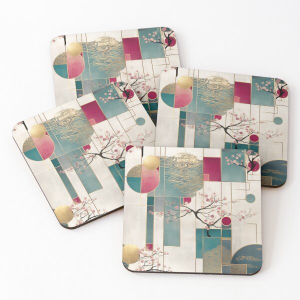 Item preview, Sakura Harmony in Teal and Gold – Japanese Geometric Blossom Pattern designed and sold by Moisky Patterns.