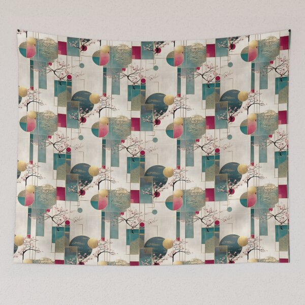 Item preview, Sakura Harmony in Teal and Gold – Japanese Geometric Blossom Pattern designed and sold by Moisky Patterns.