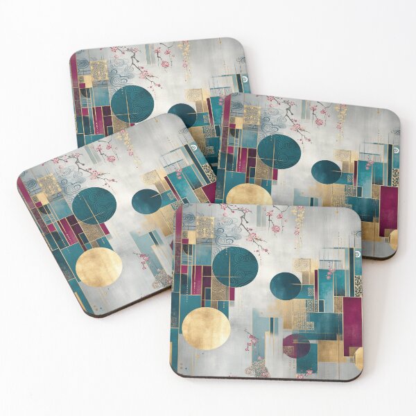 Item preview, Golden Sakura Harmony – Japanese Geometric Elegance in Teal and Crimson designed and sold by Moisky Patterns.