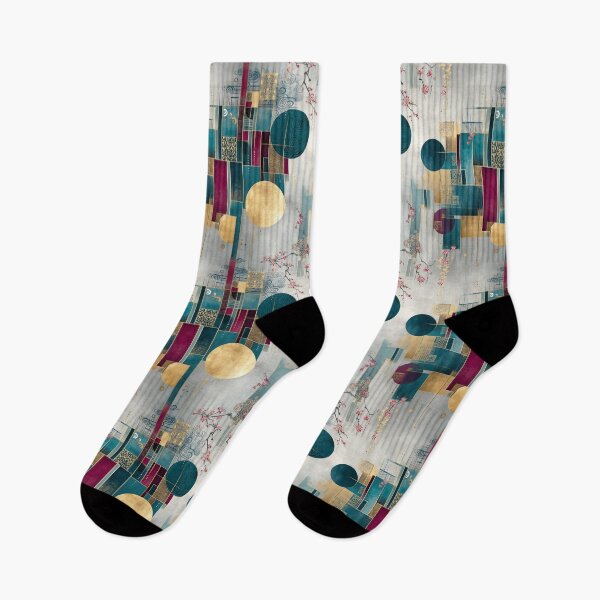 Item preview, Golden Sakura Harmony – Japanese Geometric Elegance in Teal and Crimson designed and sold by Moisky Patterns.