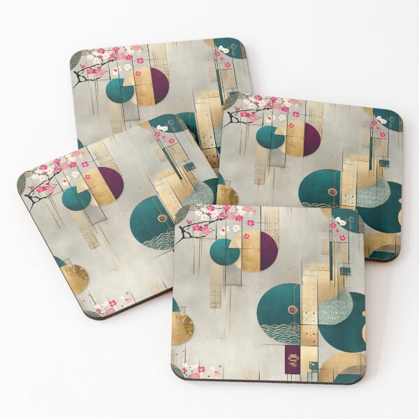 Item preview, Sakura Harmony Circles – Japanese Abstract Floral Pattern in Teal and Gold designed and sold by Moisky Patterns.