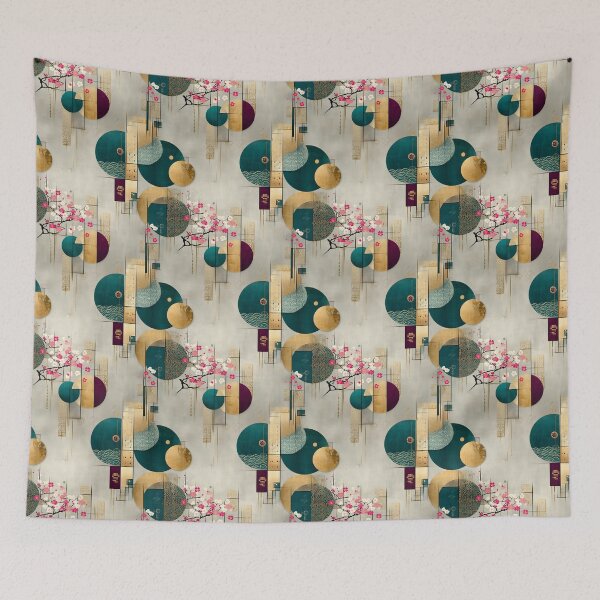 Item preview, Sakura Harmony Circles – Japanese Abstract Floral Pattern in Teal and Gold designed and sold by Moisky Patterns.