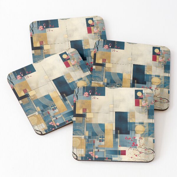 Item preview, Golden Geometry and Sakura – Japanese Floral Abstract in Blue and Crimson designed and sold by Moisky Patterns.