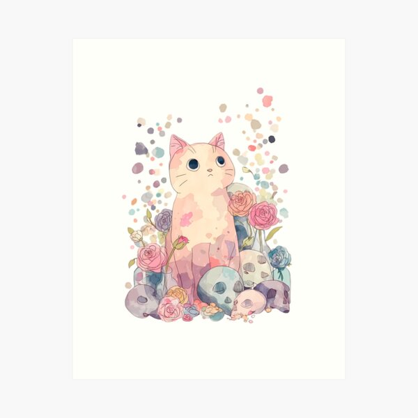 Artikel-Vorschau von Pastellfarbene Goth-Katze mit Totenköpfen und Rosen - Kawaii Dark Art, designt und verkauft von Kawaii Drops .