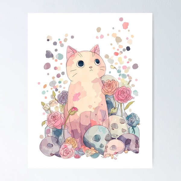 Artikel-Vorschau von Pastellfarbene Goth-Katze mit Totenköpfen und Rosen - Kawaii Dark Art, designt und verkauft von Kawaii Drops .