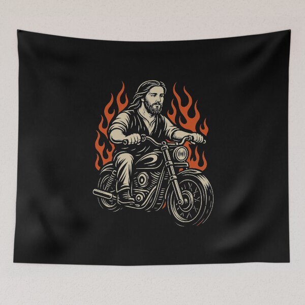 Item preview, Jesus Riding Chopper in Flames designed and sold by HYSTOREGYMWEAR.
