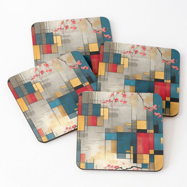 Item preview, Modern Sakura Geometry – Japanese Block Pattern with Gold and Red designed and sold by Moisky Patterns.